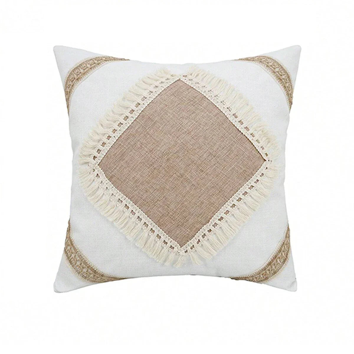 Bohemian - Beige Cushion Cover with Geometric Pattern and Fringe