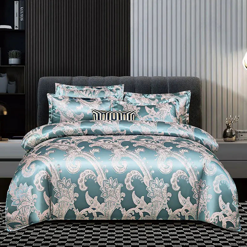 Wostar - Gold and Blue Jacquard Satin Duvet Cover Set
