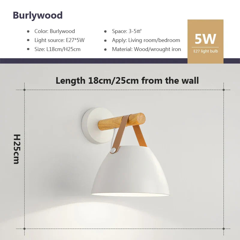 NordicGlow Light - Applique Murale LED en Bois avec Accents en Cuir
