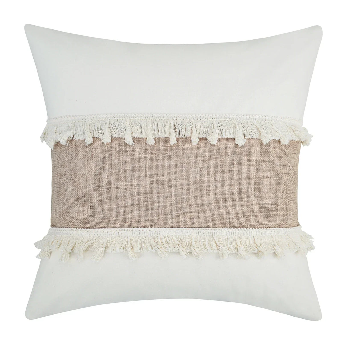 Bohemian - Beige Cushion Cover with Geometric Pattern and Fringe