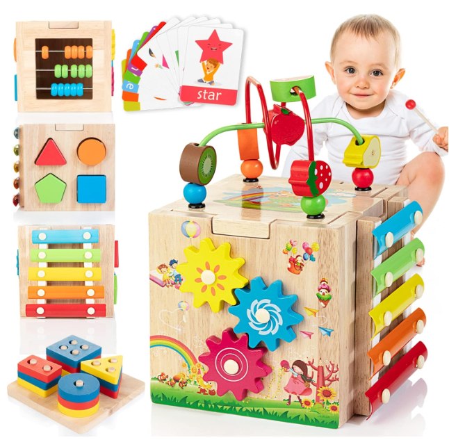 8-in-1 Montessori Activity Cube - Wooden Educational Toy for Baby