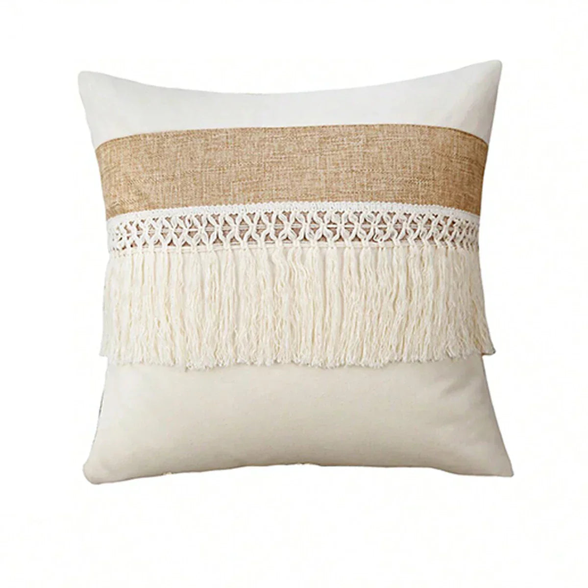 Bohemian - Beige Cushion Cover with Geometric Pattern and Fringe