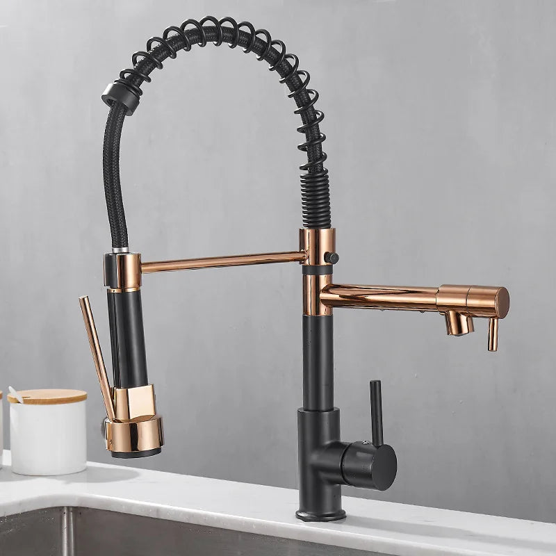 DualFlow - Black and Gold Dual-Spout Brass Kitchen Faucet