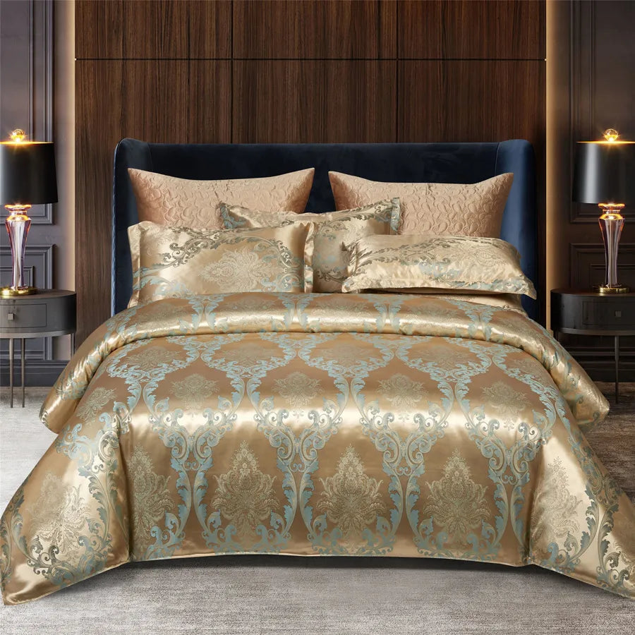 Wostar - Gold and Blue Jacquard Satin Duvet Cover Set