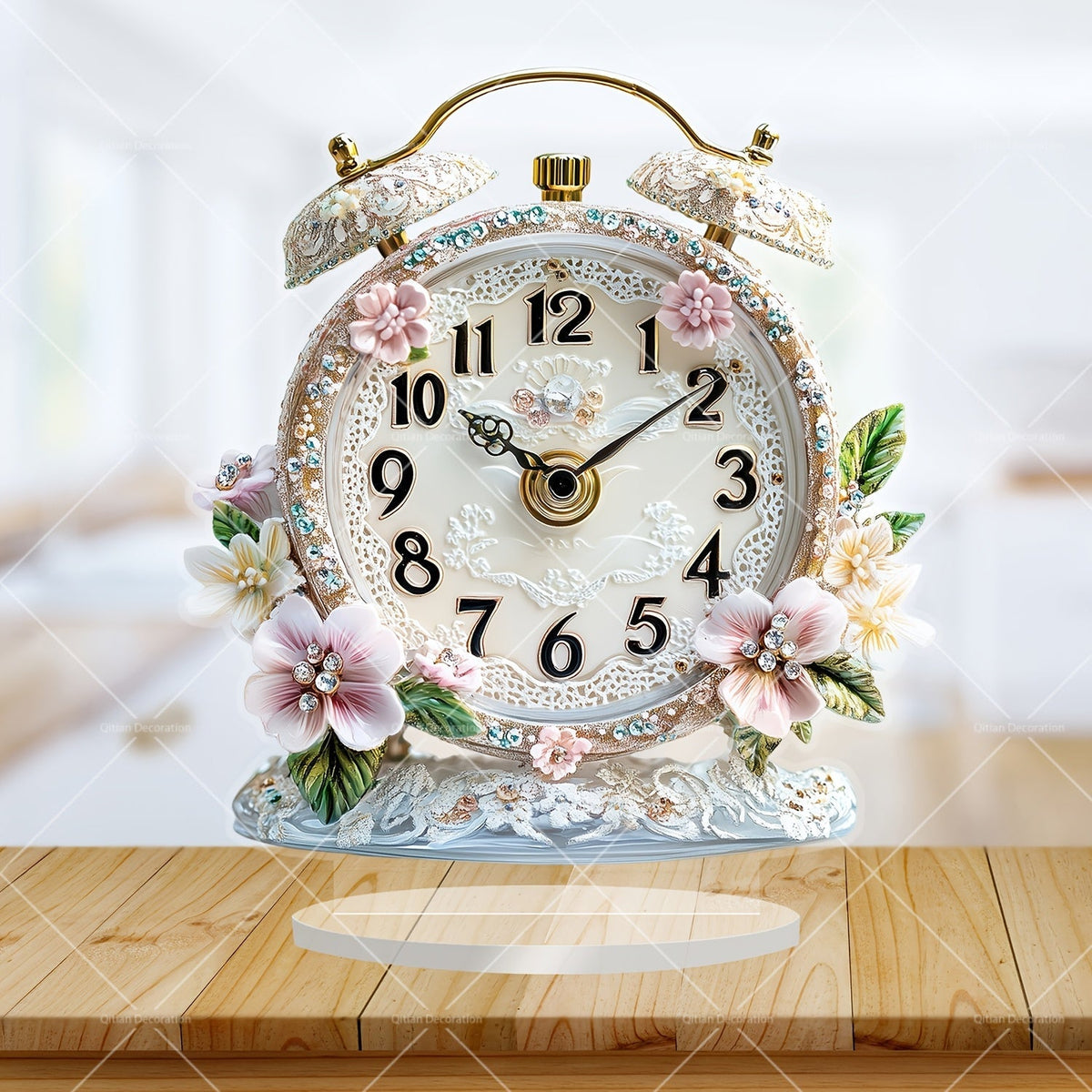 GlamTime Clock - Floral Acrylic Alarm Clock with Rhinestones