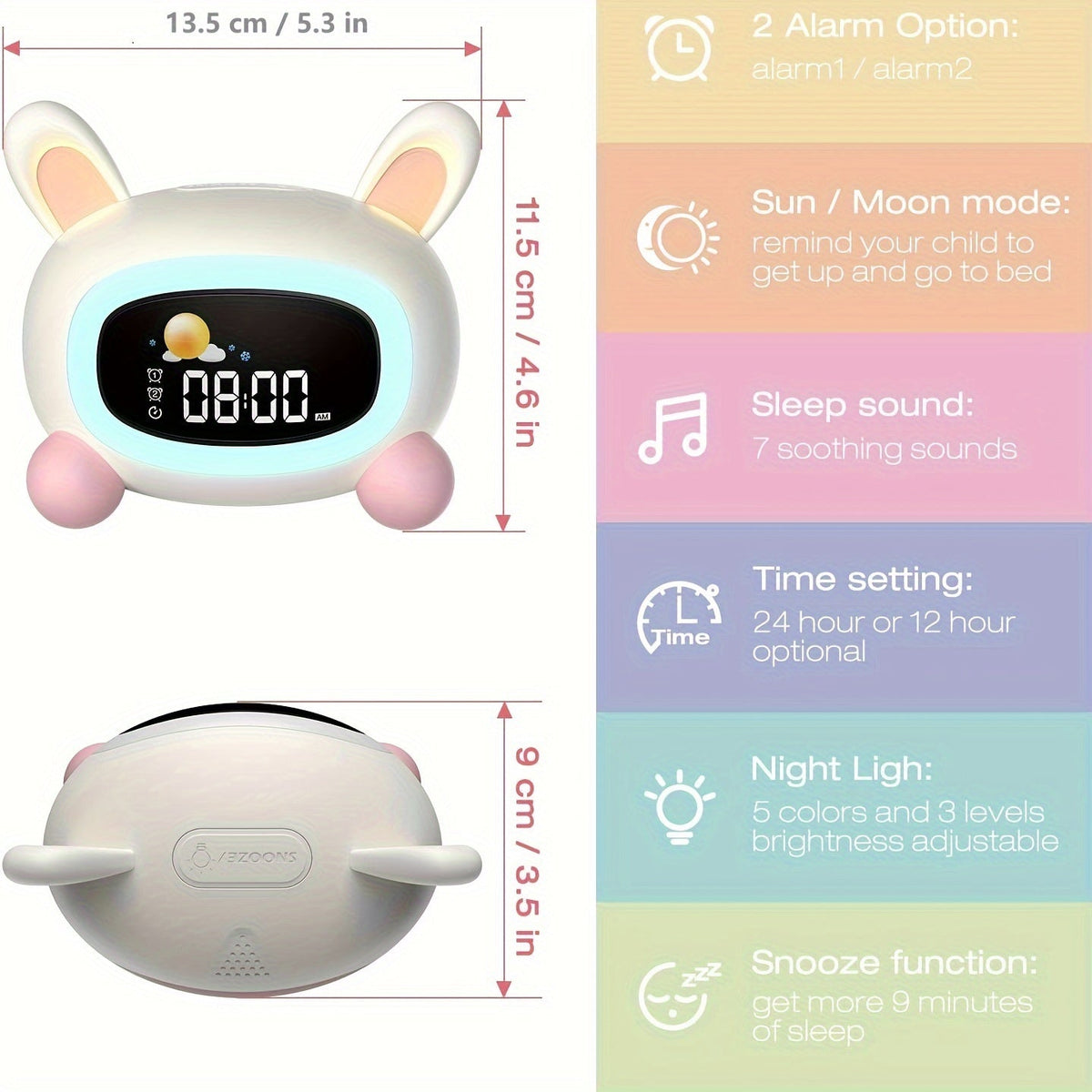 BunnyTime - Rabbit Alarm Clock with Night Light and Soothing Sounds