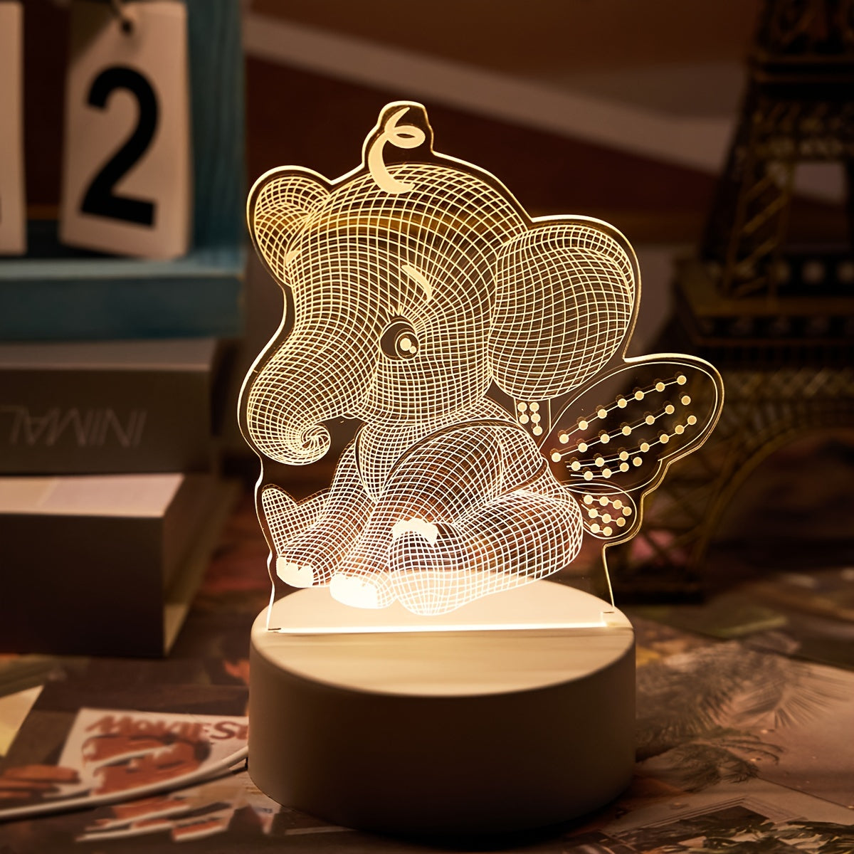 AngelElephant Lamp - 3D LED Table Lamp with USB Port