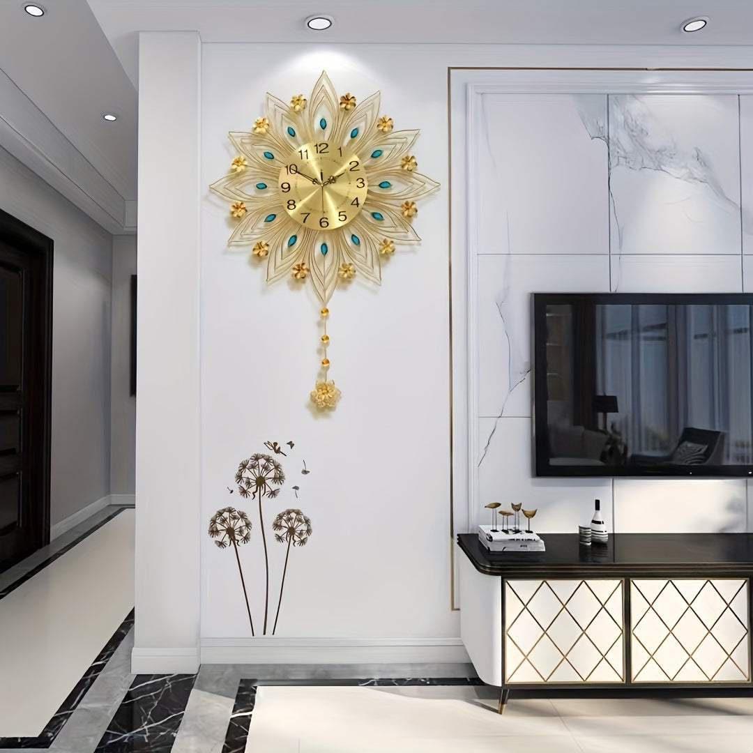 GoldenBloom Clock - Horloge Murale Silencieuse de Luxe a Motif Floral