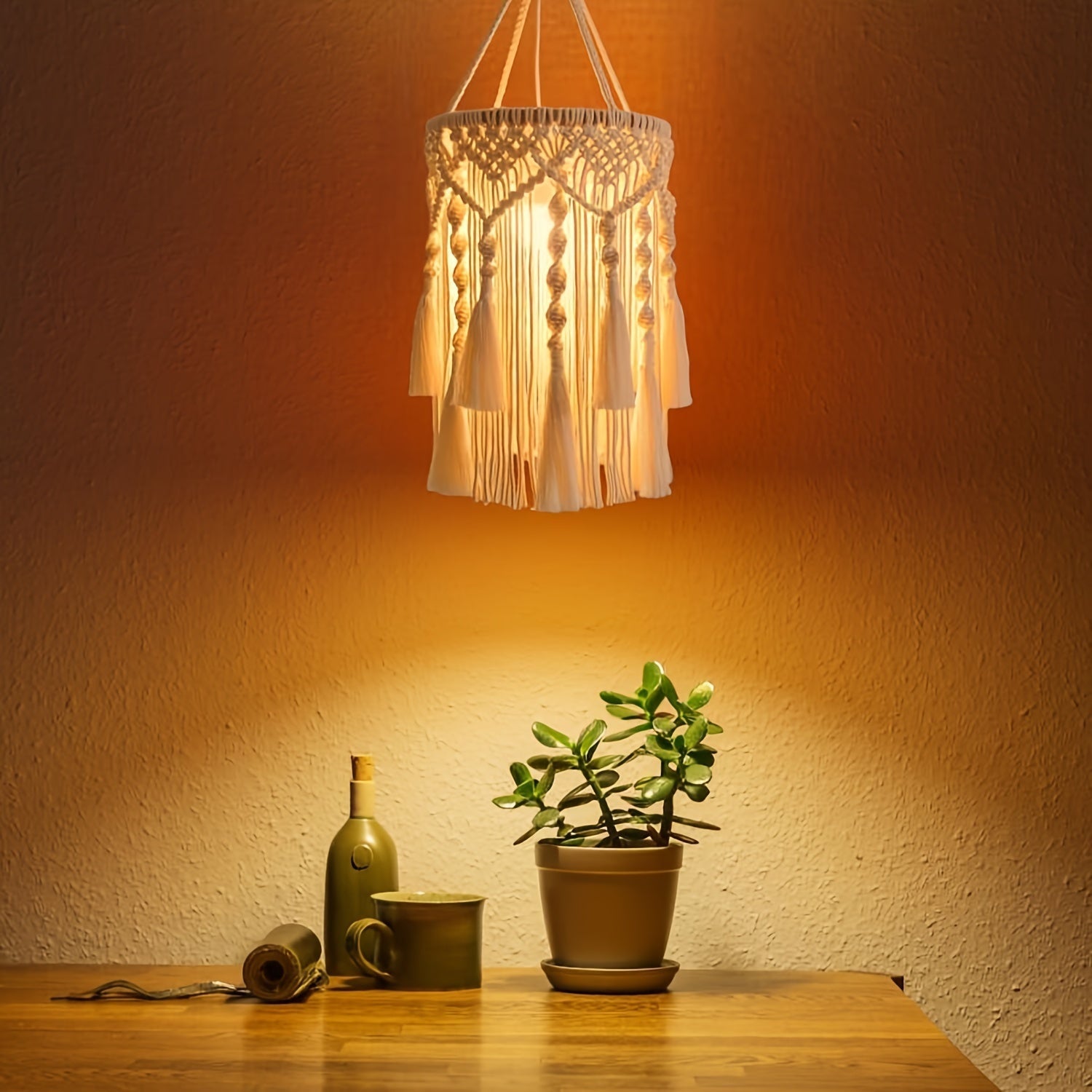 BohoTwist Pendant - Abat-jour boheme tisse main a pompons