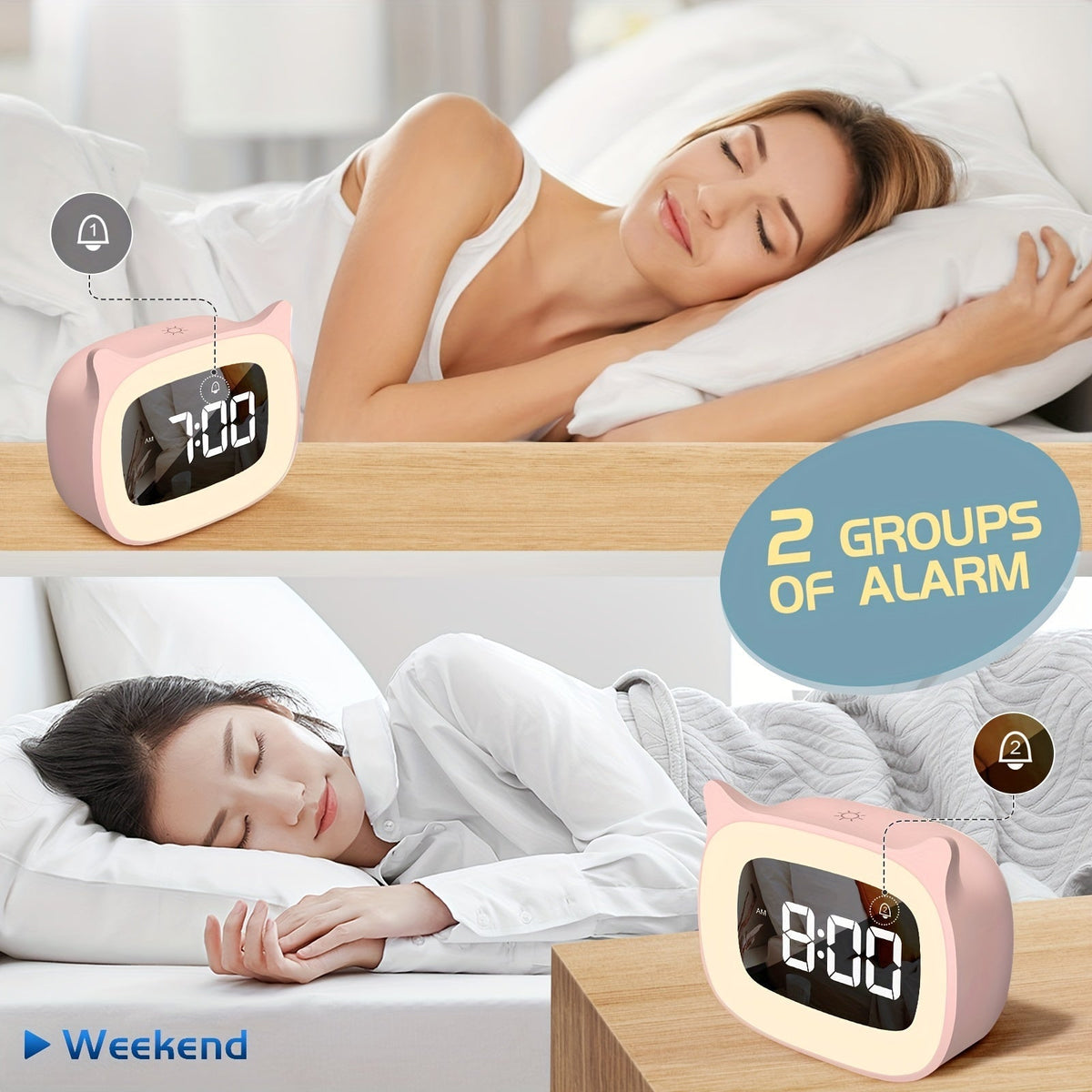KittyGlow - LED Cat Alarm Clock with Rechargeable Night Light
