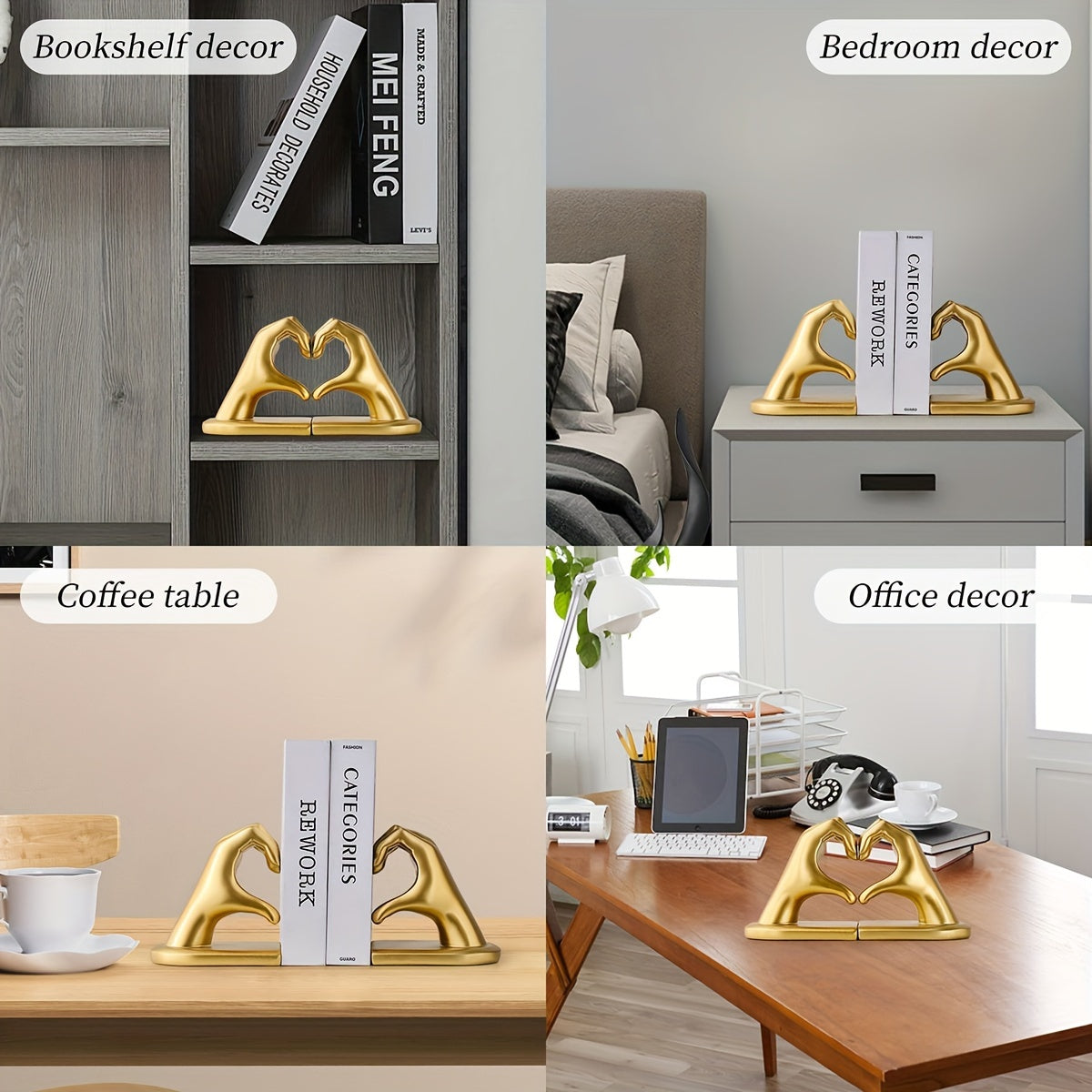 Chic Heart Support - Modern Gold Resin Bookends