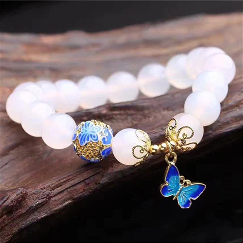 Butterfly Charm Bracelet - White Agate Beaded Symbol of Transformation