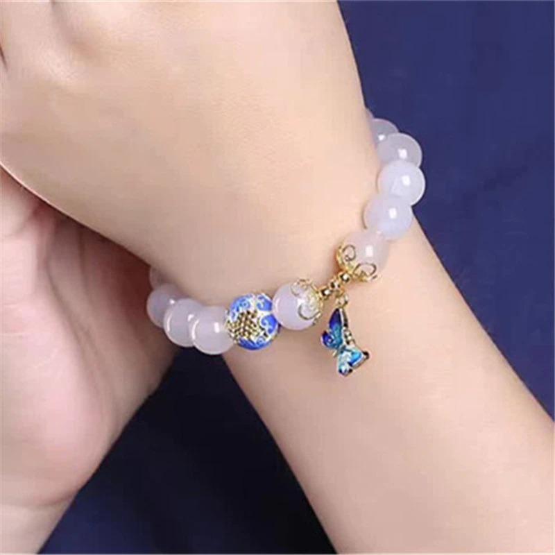Butterfly Charm Bracelet - White Agate Beaded Symbol of Transformation