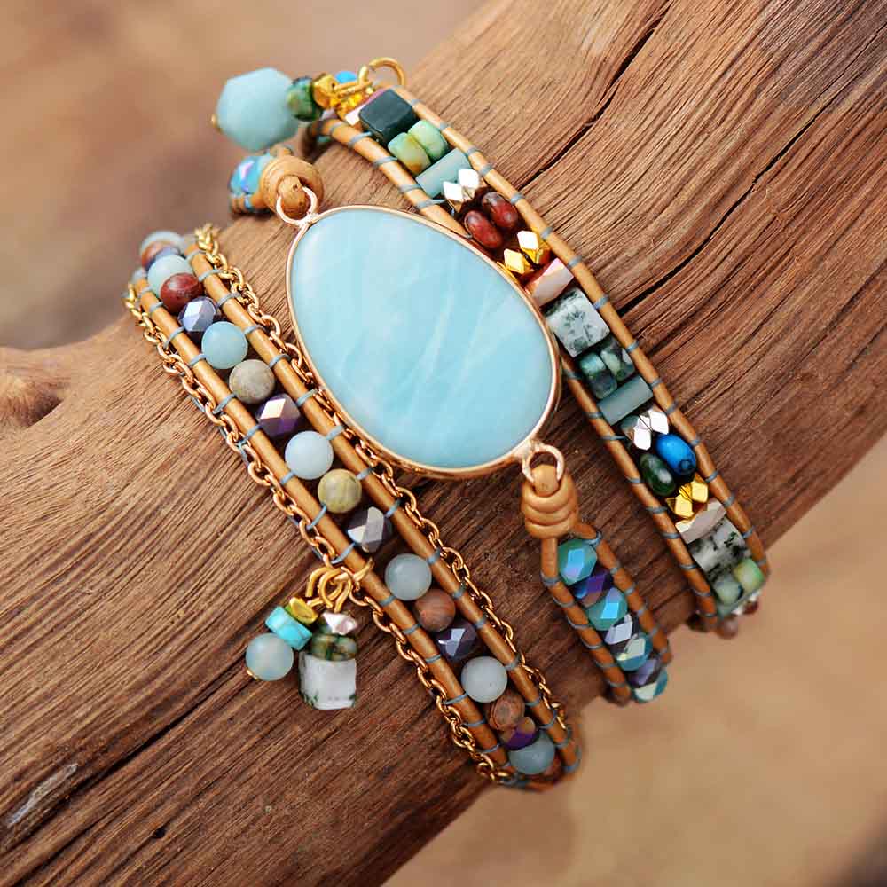 Bracelet Amazonite - Bracelet wrap bleu océan