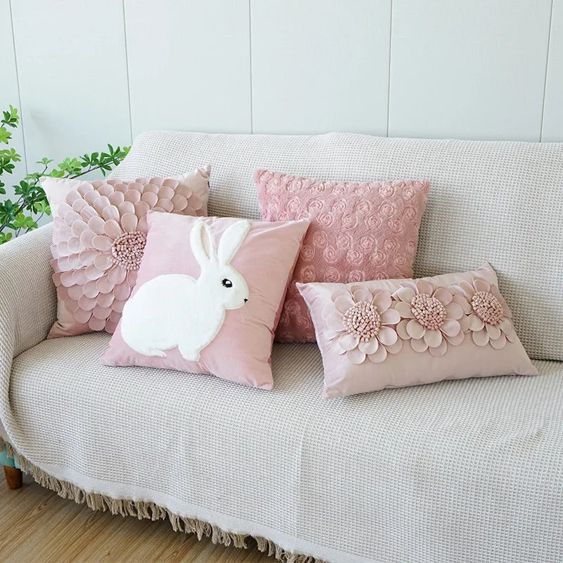 VelourVista - Enchanting Pink Bunny Cushion Cover for a Magical Interior