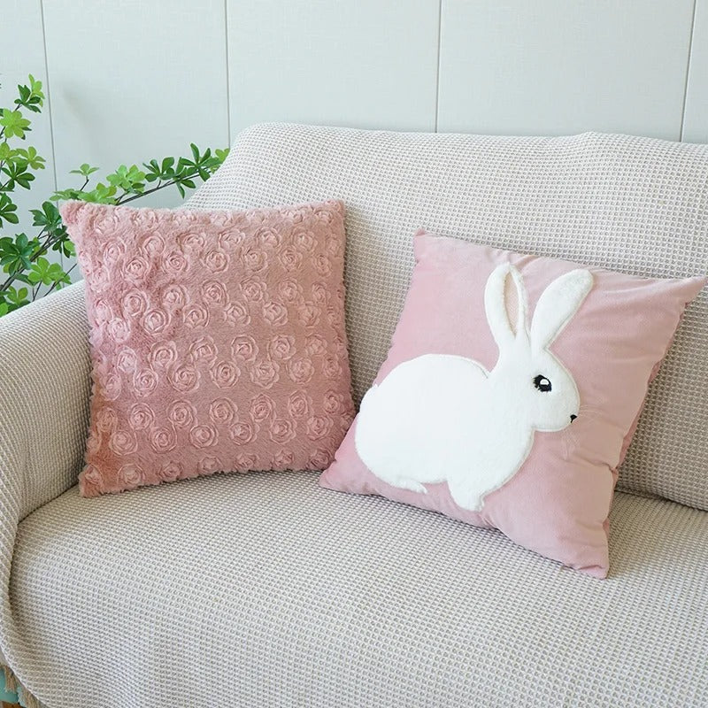 VelourVista - Enchanting Pink Bunny Cushion Cover for a Magical Interior