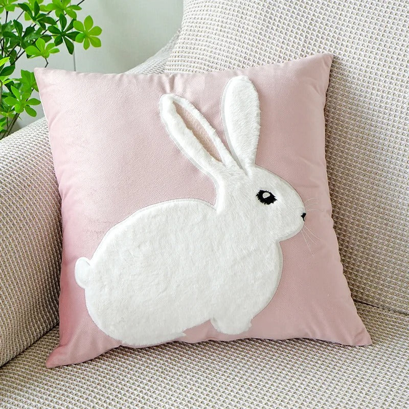 VelourVista - Enchanting Pink Bunny Cushion Cover for a Magical Interior